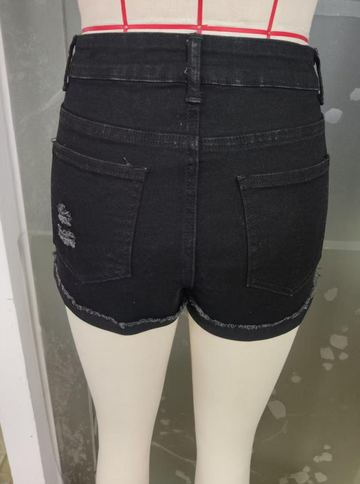 Black Lightly Distressed High Waisted Womens Shorts