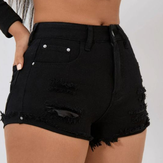 Black Lightly Distressed High Waisted Womens Shorts