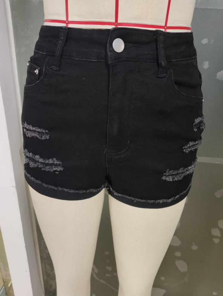 Black Lightly Distressed High Waisted Womens Shorts